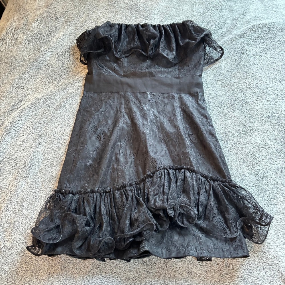 Vtg Pearl Georgina Chapman Black Lace Strapless Ruffle Dress Size 4 Whimsy 19570